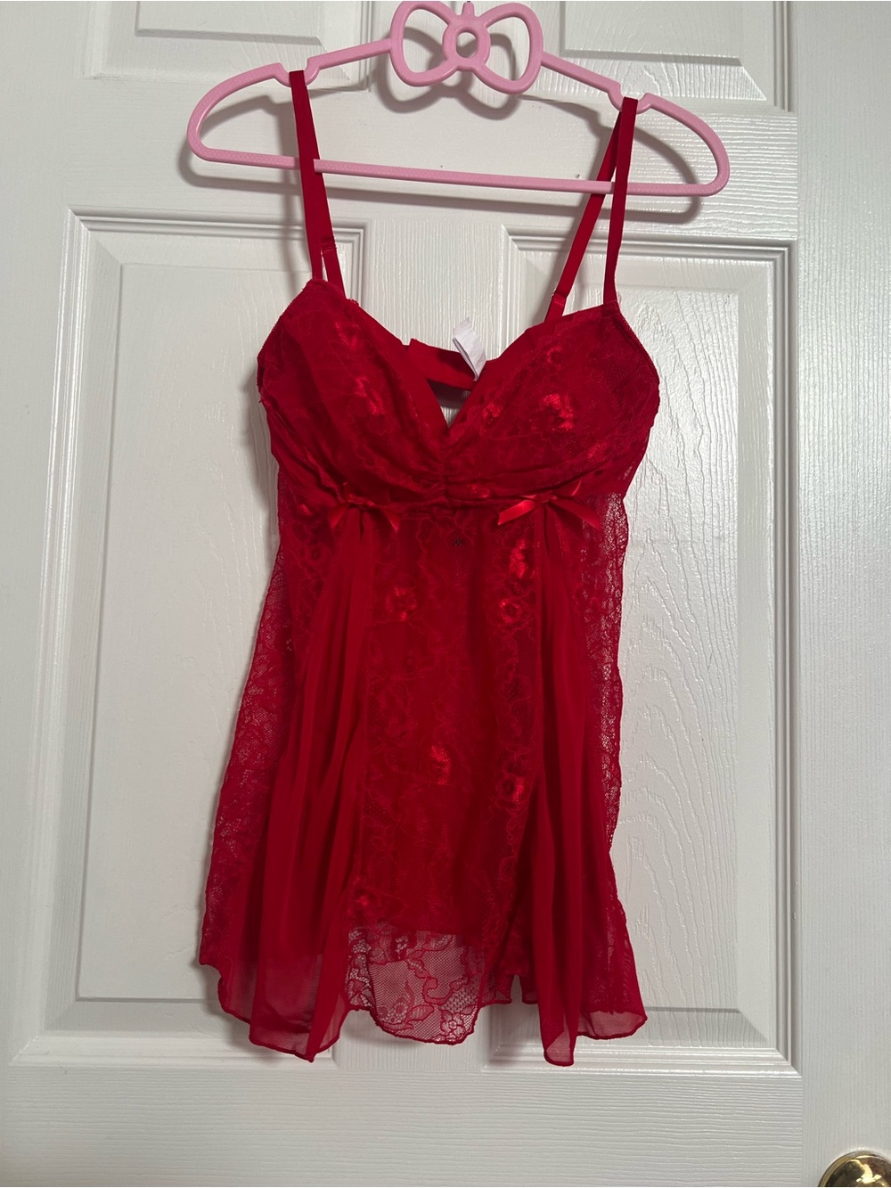 Frederick's of Hollywood Red Lace Babydoll Chemise with Sheer Panels